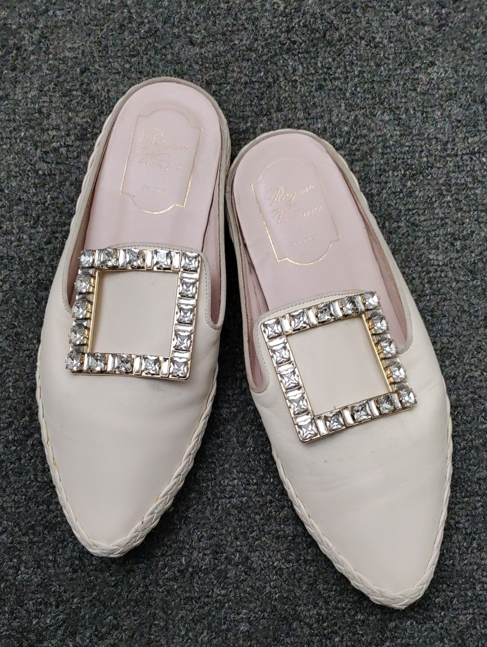 Roger Vivier Ivory Crystal Square-Buckle Mules